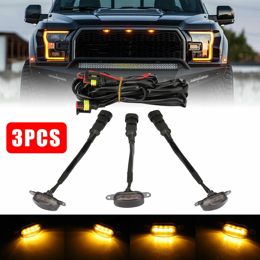 3Pcs Smoked Amber Yellow LED Front Grille Running Lights For Ford F-150 Raptor