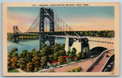 Postcard George Washington Bridge New York Hudson River Linen M1G
