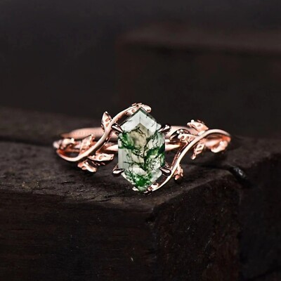 Natural Moss Agate Ring 925 Sterling Silver Twig Leaf Ring Anniversary Gift