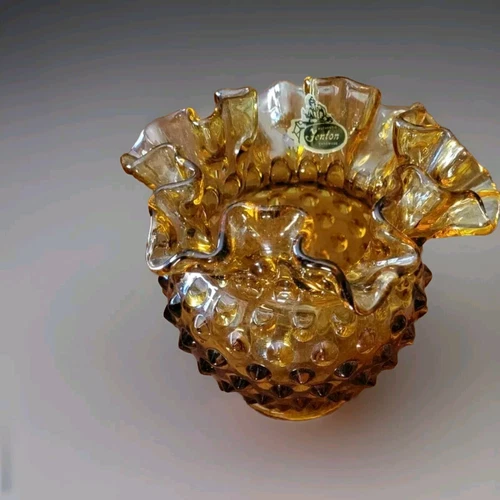 Fenton Glass Hobnail Amber With Ruffled Small Vase Votive Candle Holder (LL)