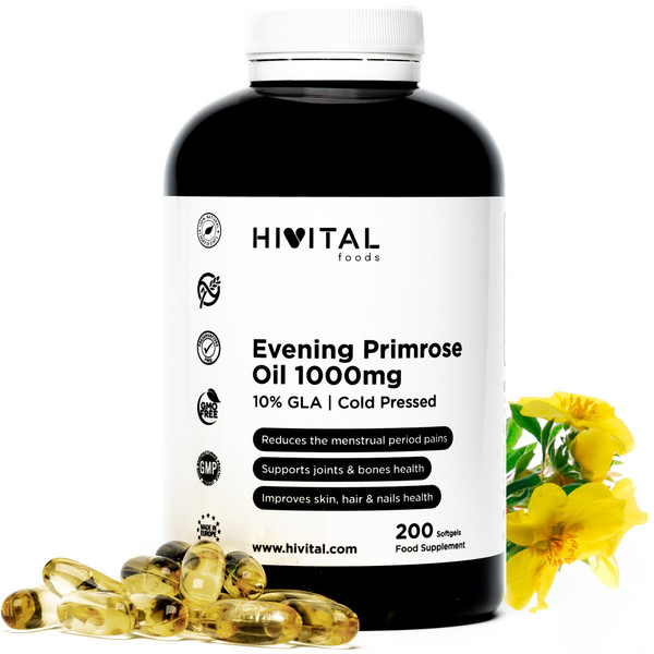 Aceite de Onagra 1000 mg con 10% GLA y Vitamina E | 200 perlas de Aceite Vegetal