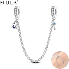 MULA 925 Sterling Silver Star Moon Lock Safety Chain Charm CZ For Women Bracelet