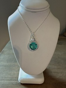 Authentic Without Tags White Gold Plated Green CZ Stone Pendant Necklace 16-18”