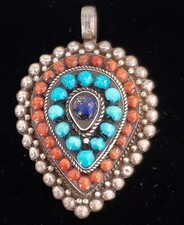 Vintage Sterling Silver Turquoise Coral Lapis Large Ethnic Pendant 925 Boho 36G