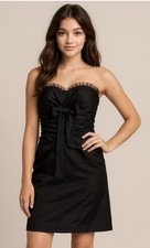 Xscape Black Strapless Ruched Cocktail Dress w/ Bow & Tulle Trim Bone Rib Size 4
