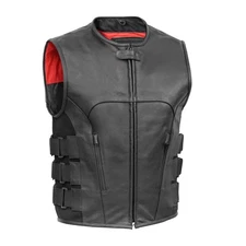 Men's Black Genuine Leather Motorcycle Leather Vest Multi Pockets Biker Style