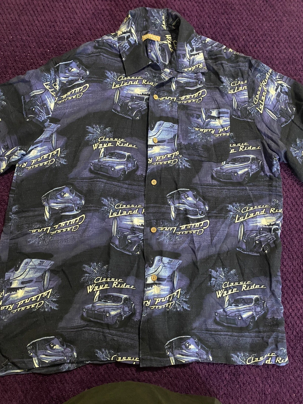 GEORGE Mens Medium Classic Island Rides Hawaiian Shirt- Cars, Navy Blue & White