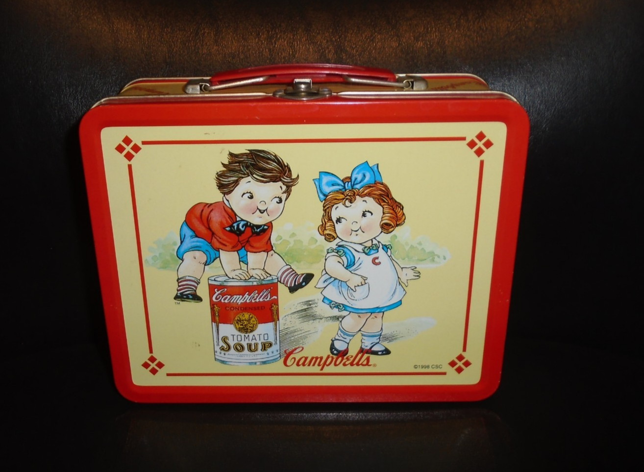 1998 CAMPBELL'S SOUP METAL LUNCHBOX WITH CAMPBELL'S SOUP KIDS ON FRONT & BACK