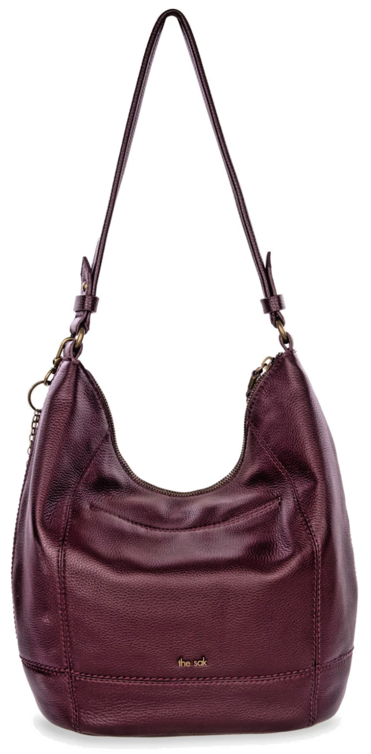 The Sak Sequoia Hobo Burgundy Wine Leather Boho Slouch Shoulder Bag Charms NWT