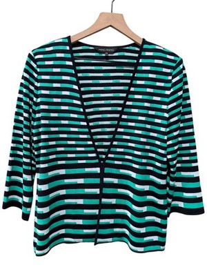 Ming Wang Cardigan Sweater Women Sz M Kelly Green Black Stripe 3/4 Sleeve Office