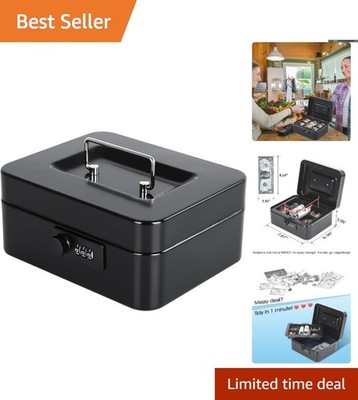 Durable Black Metal Cash Box with Removable Tray - Portable Security Solution