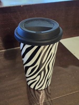 Ciroa Porcelain Zebra Stripe Travel Mug With Silicone Lid 12 oz