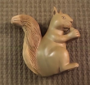 Wood Carved Squirrel Hand Made Textured 4" Tall, Holding Nut, Woodland Animal