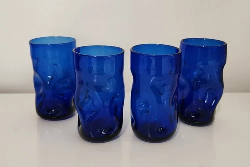 Vintage Blenko Glass Cobalt Blue 4 Tumblers  6 1/4" Perfect Condition