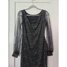 SHEIN Celestial Glitter Bodycon Dress S Black Sheer Star Puff Sleeve Mini