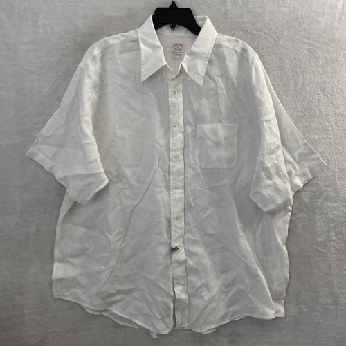 Brooks Brothers Mens Button Shirt Solid White 2XL Linen Short Sleeve Collar
