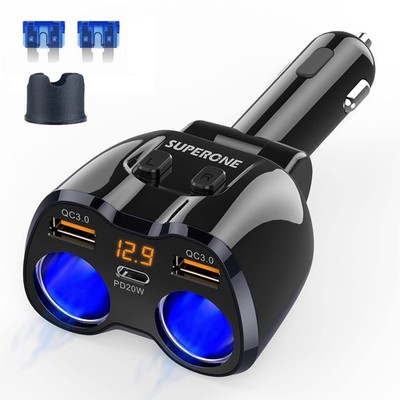 SUPERONE 180W 2 Socket Cigarette Splitter QC3.0 USB C