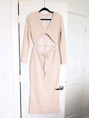 Sabo Juni Midi Dress Women's Size Medium Beige Long Sleeves V-Neck