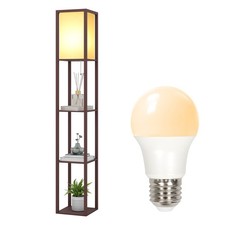 Floor Lamp with Storage Shelf Standing Light Linen Shade Bedroom Livingroom Wood