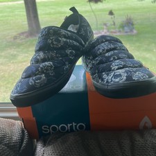 Sporto  Puffer Quilted Slip On Sneaker Black Blue White Floral Shoes Women US 10