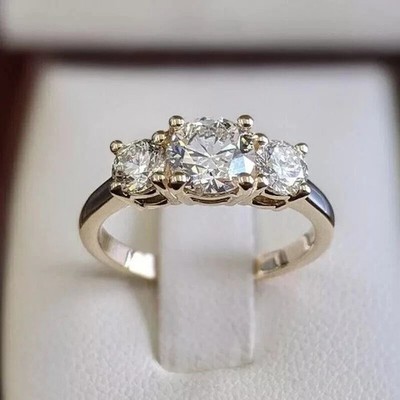 3Ct Round Cut VVS1 Moissanite Three Stone Engagement Ring 14k Yellow Gold Plated