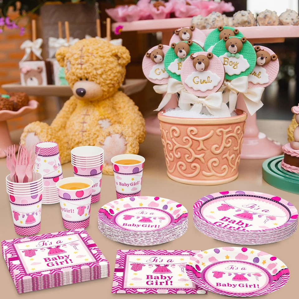 Decoraciones de baby shower rosa, es una niña platos de papel y servilletas tazas... Foto 3 de 4