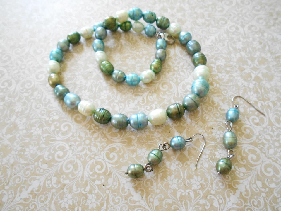 Juego de collar y pendientes Honora de perlas azul esterlina verde gris crema 65760B Foto 3 de 4