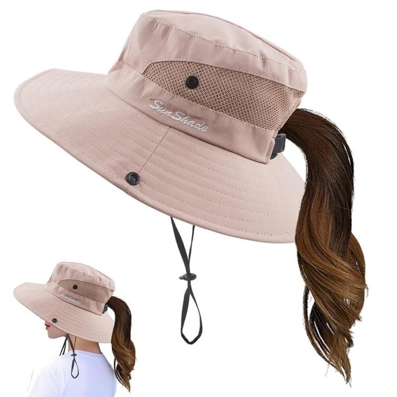 Wide Brim Bucket Hat for Women with Ponytail Hole UV Protection Foldable Summer Sun Hat