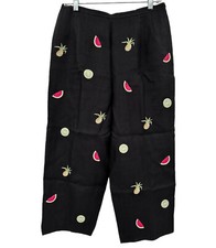 Talbots Crop Pants 14p Irish Linen Black Embroidered Fruit High Waist Resort
