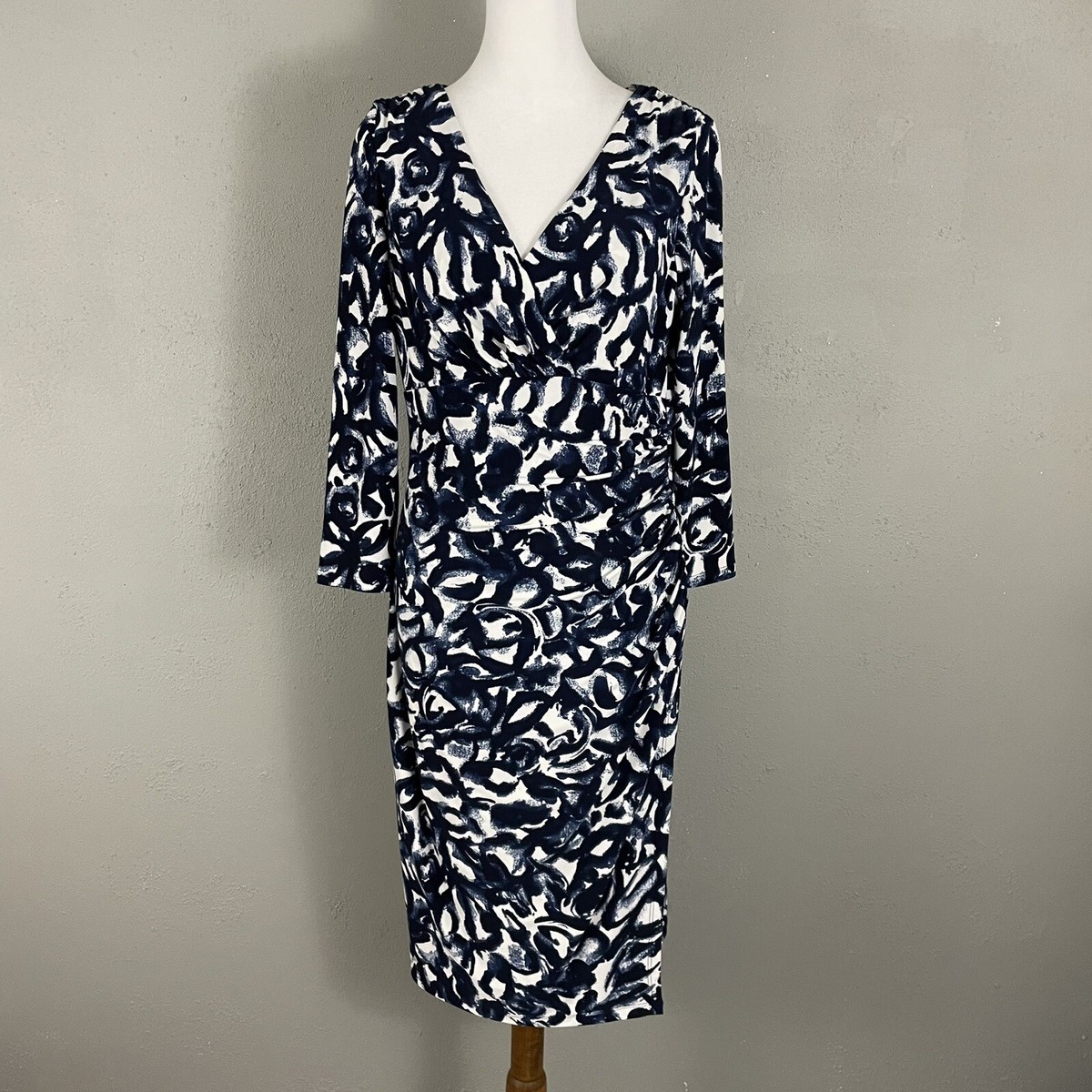 Lauren Ralph Lauren Dress Size 10 Blue Faux Wrap Ruched Stretchy 3/4 Sleeve