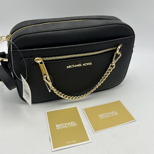 New Michael Kors Purse Jet Set Zip Chain Crossbody Bag Black Gold Tone Gift