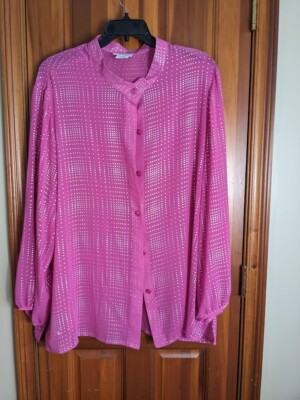 BLAIR-Women Plus Button Front Blouse-Size 3XL-Pink/Silver Accents-Sheer-EUC 
