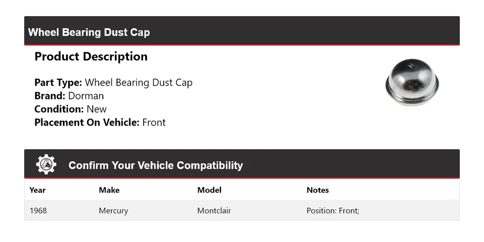 Tapa antipolvo para cojinete de rueda delantero Mercury Montclair Dorman 1968 Foto 2 de 4