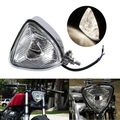 12V Retro Style Triangle Headlight Chrome Headlamp For Harley Chopper Cafe Racer