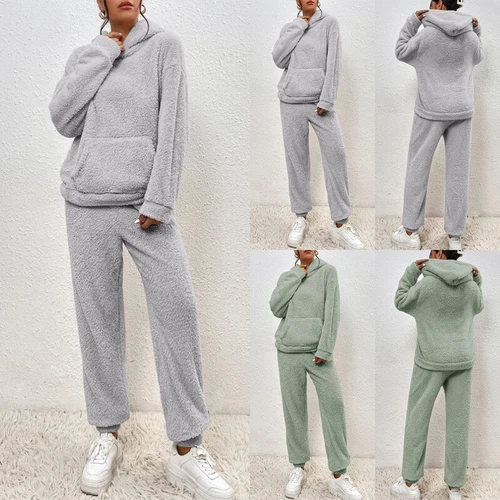 Ladies Hooded Fleece Fur Tops Nightwear Pants Pyjamas Teddy Bear Lounge Wear Set - Picture 1 of 22
