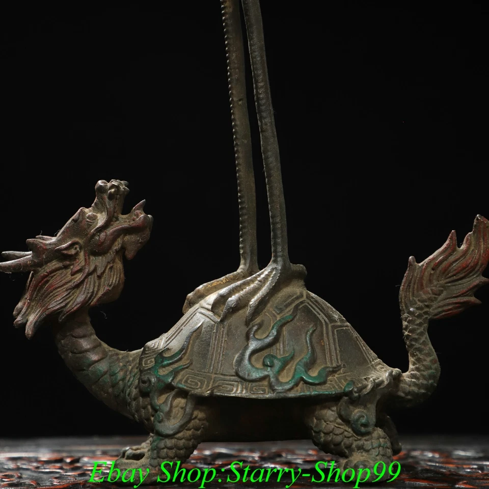 Antigua Dinastía China Bronce Dorado Feng Shui Dragón Tortuga Grúa Coronada Roja Estatua Foto 3 de 4