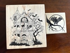 Vintage Halloween Rubber Stamps PSX K943 Haunted House And Craft Smart Bat