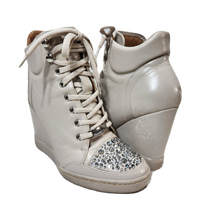 NANDO MUZI Swarovski Crystals Wedge Boots Sz 37.5 Side Zip Cream Taupe Leather
