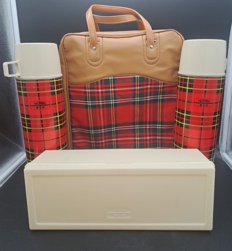 Vintage Red Plaid THERMOS Travel Picnic Set Canvas Bag King Seeley 1973 #2442