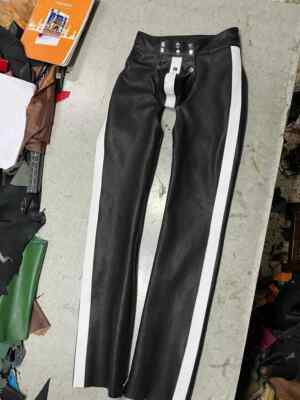 Herren schwarz gestreifte Biker Leder Chap Hose | echtes Rindsleder Reißversc...