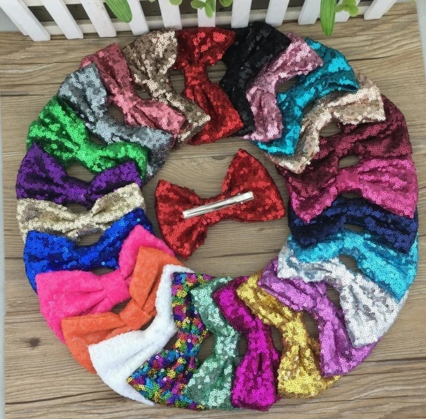 4 Inch Large sequin Glitter Sparkle Novelty Bow Hair Clip Alligator Clips  - Image 3 of 4