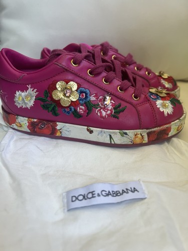 Dolce & Gabbana Pink Multicolor Floral Leather Embroidered Low Top Sneakers