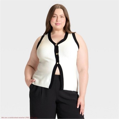 Women's Button Sweater Vest - A New Day Cream/Black 1X *SEE DEAL!!!*