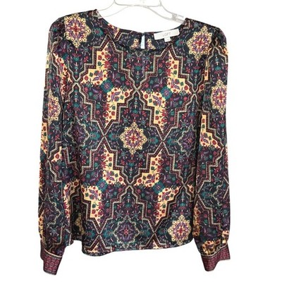 Loft Blouse Womens Large Multicolor Geometric Medallion Satin Puff Sleeve Boho