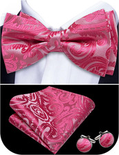 Paisley Striped Bow Tie for Men Silk Pre-Tied Bowtie Pocket Square Cufflinks Set