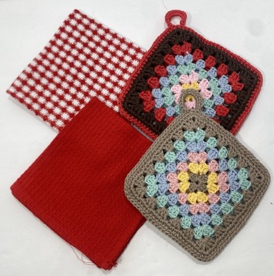 2 Handmade Granny Square 100% Cotton Pot Holders with T-fal Washcloths New 1108