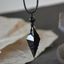 Natural Black Obsidian Rhombus Dangle Pendent Healing Reiki Men Women Necklace