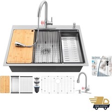 Elegant 33x22 Inch Single Bowl Farmhouse Sink with Accessories, Touchless Faucet