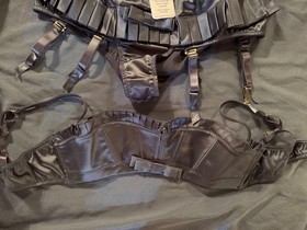 Agent Provocateur Grey Satin Garter Panty and Balconette Bra Set