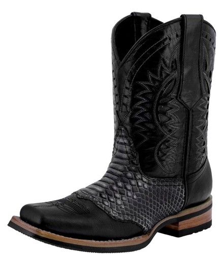 Mens Western Cowboy Boots Black Python Snake Pattern Leather Square Toe ...
